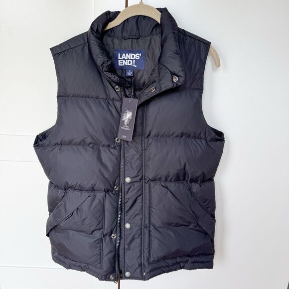 NEW! Lands' End Men's Small 34-36 Snap/ Zip Down Feather Puffer‎ Vest Black - Picture 1 of 6